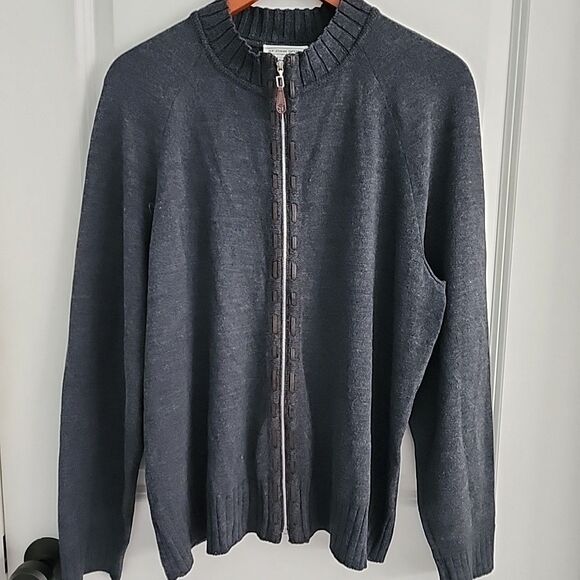 St John Sport Luxury Gray Cardigan Wool Blend W/ Leather Trim Full Zip XL USA - Picture 1 of 7
